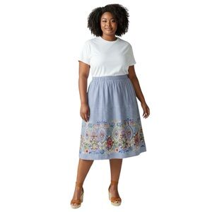 MAGIC Blue Striped Midi Skirt with  Embroidered Floral Border Size 3X — NWT!!!